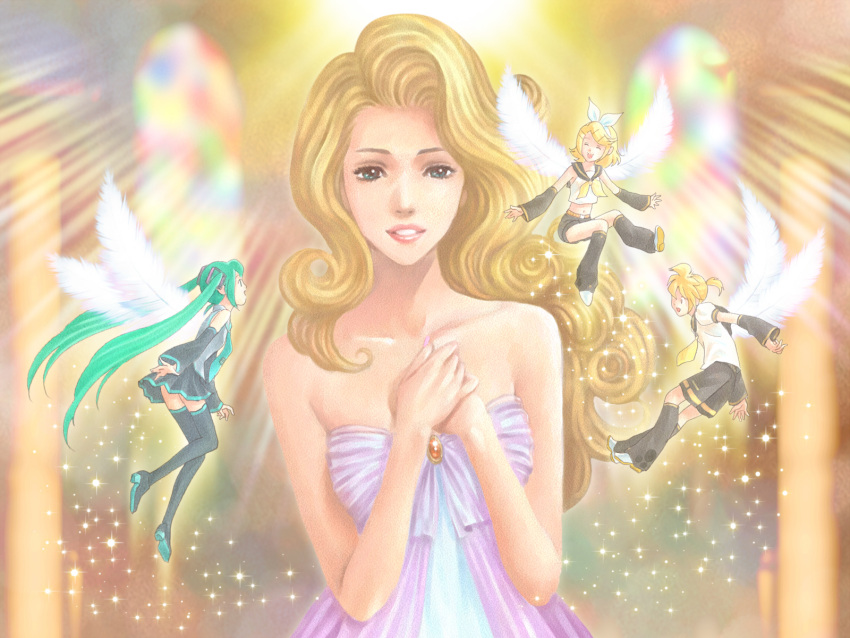 angel blonde_hair blue_eyes hata_hata hatsune_miku kagamine_len kagamine_rin sweet_ann vocaloid wings