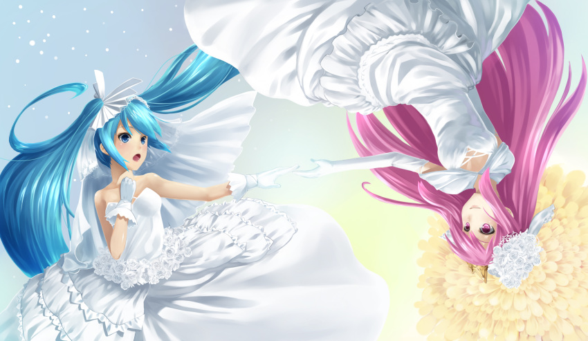 2girls aqua_eyes aqua_hair bad_id bad_pixiv_id bare_shoulders dress elbow_gloves gloves hand_on_own_chest hatsune_miku highres long_hair megurine_luka multiple_girls open_mouth outstretched_arm pink_eyes pink_hair reaching rotational_symmetry strapless strapless_dress tokumaro twintails upside-down veil very_long_hair vocaloid wedding_dress