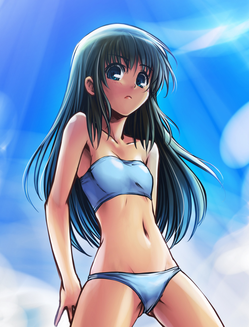 absurdres bikini black_hair blue_bikini blue_eyes cloud commentary_request day female flat_chest groin highres imada_kozue long_hair navel original photoshop_(medium) sky solo strapless swimsuit tube_top