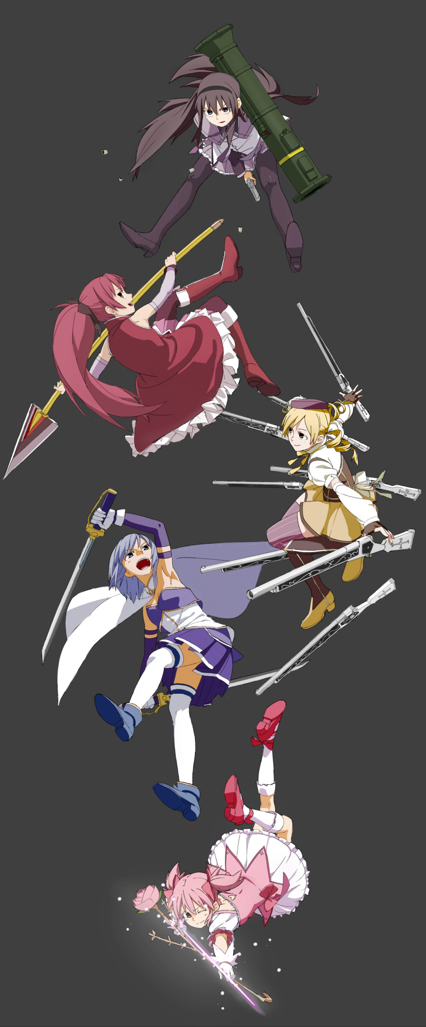 5girls absurdres akemi_homura akemi_homura_(magical_girl) arrow_(projectile) black_hair blonde_hair blue_eyes blue_hair bow_(weapon) cape commentary_request drill_hair flower gun hair_ribbon hairband handgun highres kaname_madoka kaname_madoka_(magical_girl) kinosuke_(sositeimanoga) long_hair magical_girl magical_musket mahou_shoujo_madoka_magica mahou_shoujo_madoka_magica_(anime) md5_mismatch miki_sayaka miki_sayaka_(magical_girl) multiple_girls pantyhose pink_eyes pink_flower pink_hair pink_rose polearm red_hair ribbon rocket_launcher rose sakura_kyoko sakura_kyoko_(magical_girl) short_hair short_twintails smile spear sword tomoe_mami tomoe_mami_(magical_girl) twin_drills twintails weapon yellow_eyes