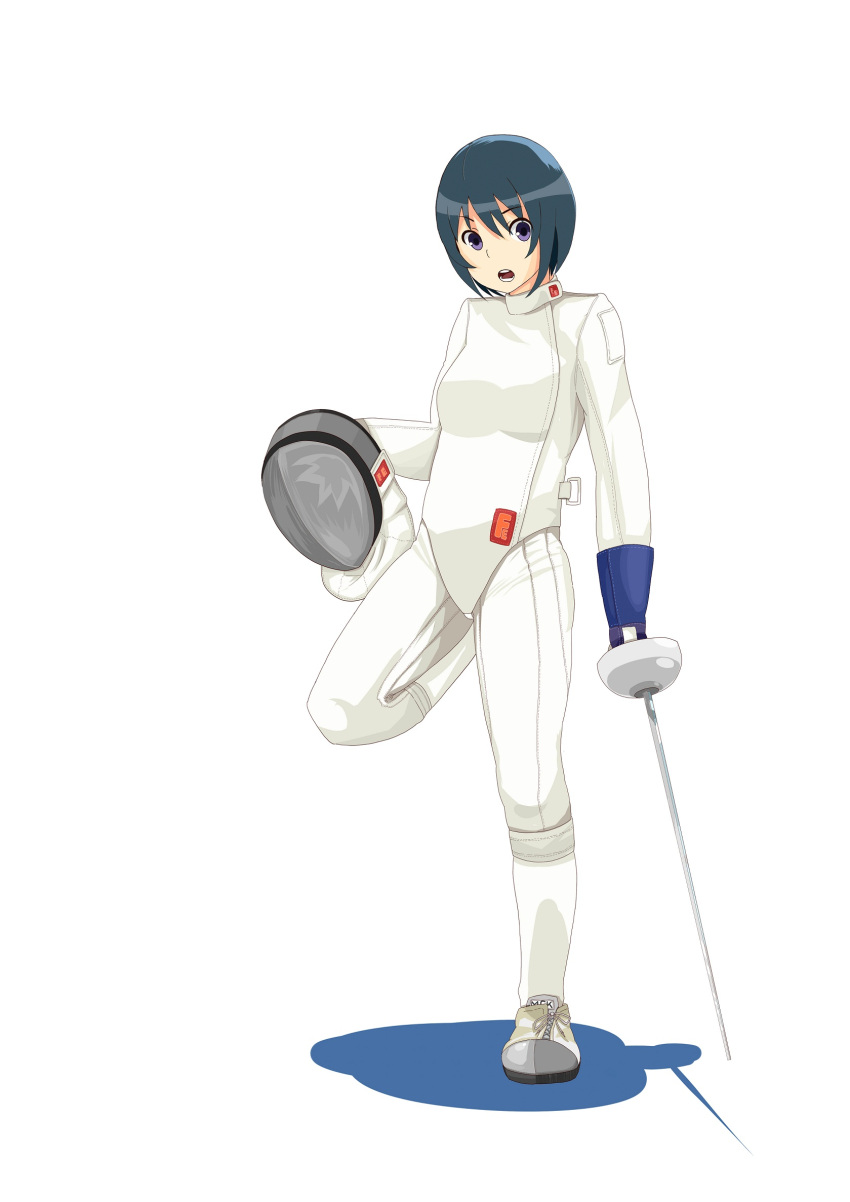 bad_id bad_pixiv_id blue_hair epee female fencing fencing_suit gloves green_hair highres leotard mask niwakaike original purple_eyes rapier shoes short_hair solo sword weapon