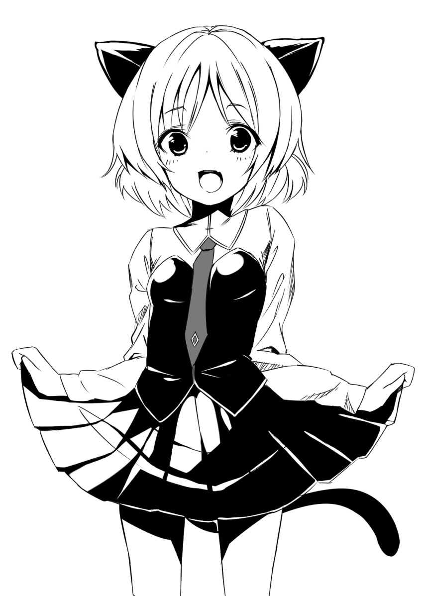 animal_ears bad_id bad_pixiv_id cat_ears cat_girl cat_tail cowboy_shot female greyscale highres looking_at_viewer monochrome necktie oerba_yun_fang open_mouth petite pleated_skirt pokachu sanya_v._litvyak short_hair simple_background skirt skirt_hold smile solo standing strike_witches tail world_witches_series