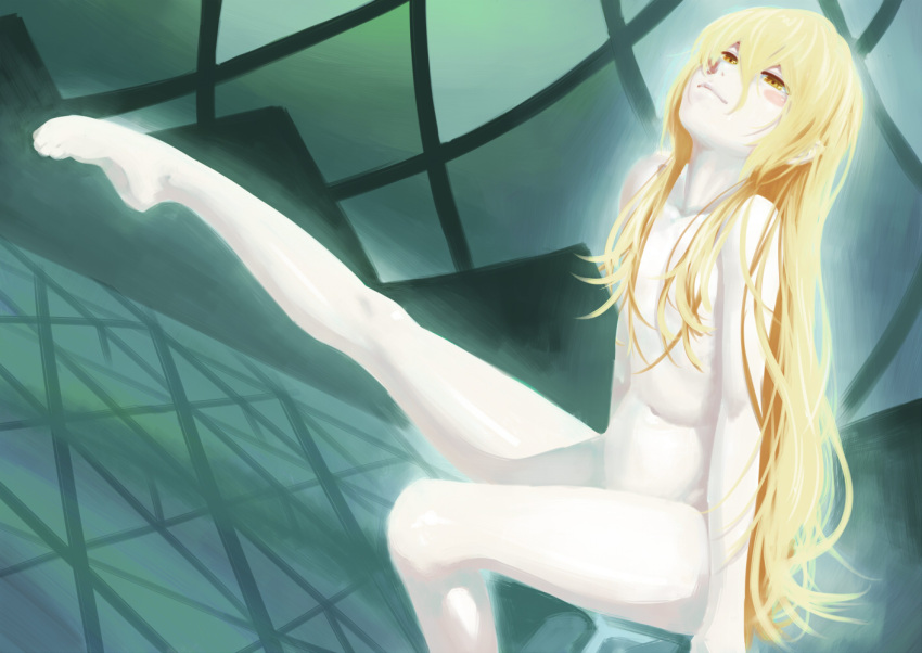 bakemonogatari barefoot blonde_hair blush colored_skin commentary_request completely_nude feet female inu_(aerodog) leg_up legs long_hair long_legs looking_up monogatari_(series) nude oshino_shinobu outstretched_leg pale_skin petite smile solo toe-point white_skin yellow_eyes