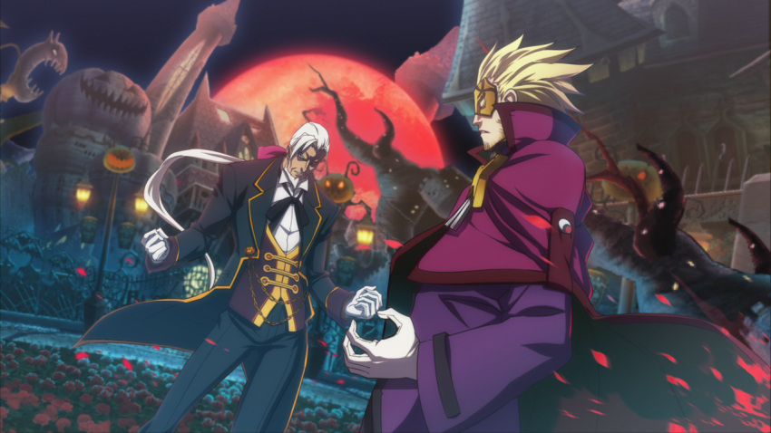 2boys 2guys arc_system_works blazblue blonde_hair flower gloves hair_ribbon male male_focus moon multiple_boys night official_art relius_clover ribbon rose roses scenery valkenhayn_r_hellsing white_hair