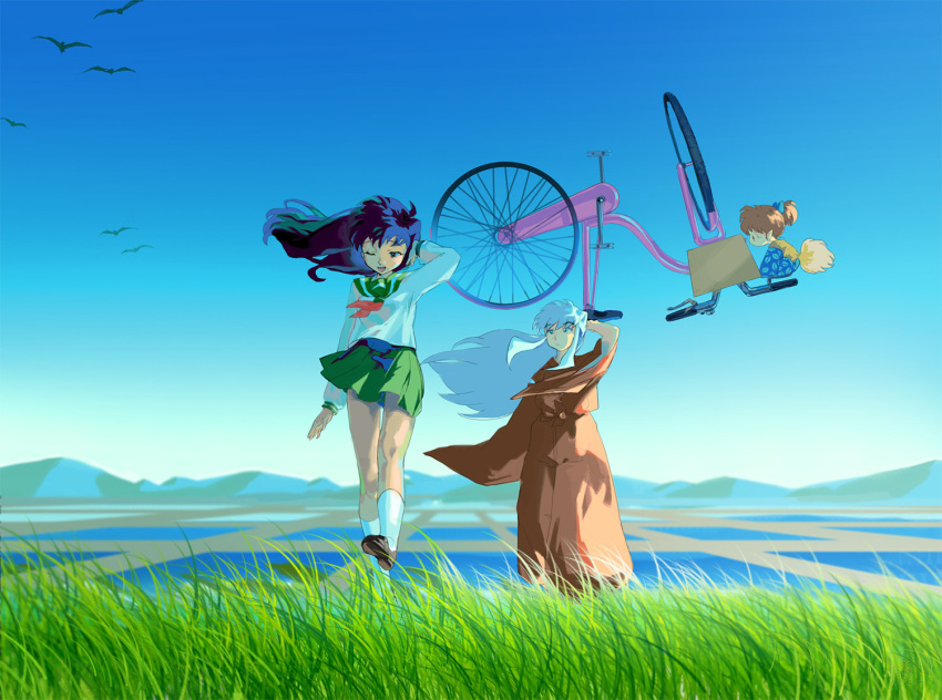 2boys animal_ears arien-ahyaraxa arm_behind_head arm_up bad_id bad_pixiv_id basket bicycle bicycle_basket bird black_hair blue_hair blue_sky brown_hair carrying carrying_overhead day dog_ears female field floating_hair grass green_skirt higurashi_kagome hill inuyasha inuyasha_(character) japanese_clothes long_hair long_sleeves multiple_boys neckerchief one_eye_closed orange_hair outdoors rice_paddy robe sailor_collar school_uniform serafuku shippou_(inuyasha) sidelocks size_difference skirt sky socks tail vanishing_point walking white_hair white_legwear wind