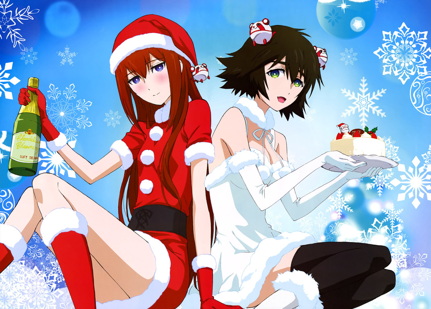 2girls :d absurdres artist_request black_hair blue_background blue_eyes blush boots breasts brown_hair cake champagne_bottle christmas christmas_cake cleavage detached_sleeves food fur_trim gloves green_eyes hair_ornament hat highres long_hair looking_at_viewer makise_kurisu medium_breasts metal_upa multiple_girls nyantype open_mouth red_gloves santa_costume santa_hat shiina_mayuri short_hair short_sleeves sidelocks sitting smile snowflake_background snowflakes steins;gate thighhighs yokozuwari