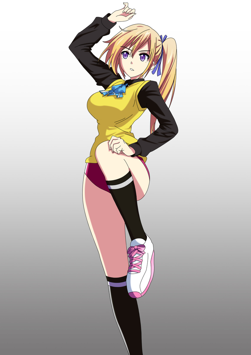 absurdres black_socks blonde_hair breasts commentary_request female hair_ribbon highres kawakami_mai knightstar large_breasts long_hair musaigen_no_phantom_world photoshop_(medium) purple_eyes ribbon school_uniform side_ponytail socks solo sweater_vest