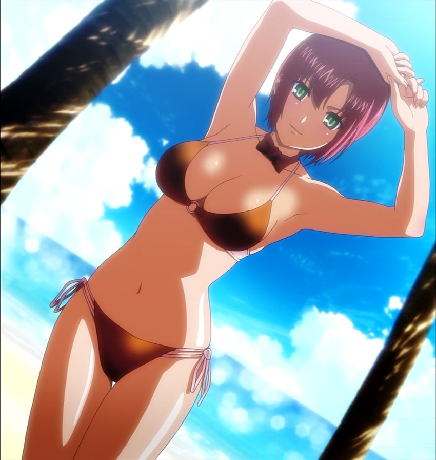 anime_screenshot bikini breasts cleavage female green_eyes highres large_breasts navel outdoors pink_hair red_hair rio_-rainbow_gate!- rio_rollins short_hair side-tie_bikini_bottom smile solo stitched super_blackjack swimsuit third-party_edit