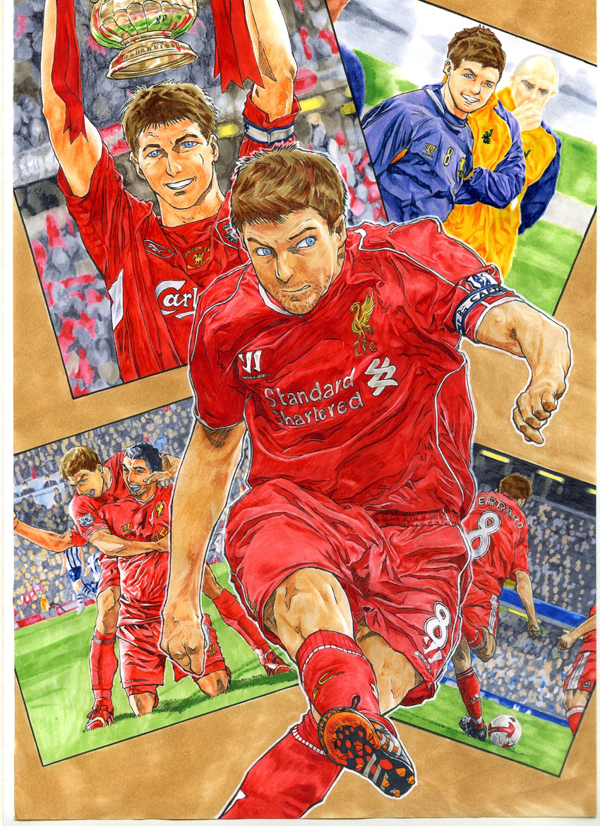 :d anfield_(stadium) bad_id bad_pixiv_id ball blue_eyes brown_hair crowd emblem england fa_cup_(trophy) grass grin highres jersey kicking liverpool_fc luis_suarez mutsuki_hiro name_tag open_mouth premier_league real_life reebok short_hair shorts smile soccer soccer_ball soccer_uniform sportswear stadium steven_gerrard teeth