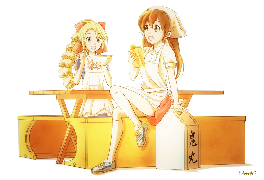 2girls absurdres apron black_eyes blonde_hair bow bowl brown_eyes chopsticks commentary_request drill_hair eating food food_delivery_box hairbow head_scarf highres holding holding_chopsticks kannazuki_megumi kneehighs long_hair looking_at_another multiple_girls muteki_kanban_musume okamochi_(container) onimaru_miki open_mouth ribbon shoes sitting skirt smile sneakers socks table white_background yakumoreo