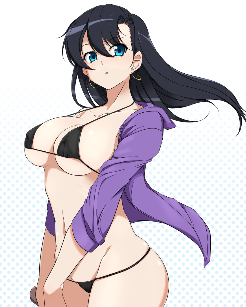 :o bikini bikini_under_clothes black_bikini black_hair blue_eyes breasts cleavage collarbone commentary_request covered_nipples cowboy_shot drawstring earrings female floating_hair from_side fuuma_tokiko gradient_background groin hair_between_eyes haruhisky highres holding hood hood_down hoodie hoop_earrings jewelry large_breasts long_hair long_sleeves looking_at_viewer lowleg lowleg_bikini micro_bikini navel open_clothes open_hoodie open_mouth parted_bangs polka_dot polka_dot_background skindentation solo strap_gap string_bikini swimsuit taimanin_(series) taimanin_asagi taimanin_asagi_kessen_arena underboob v_arms