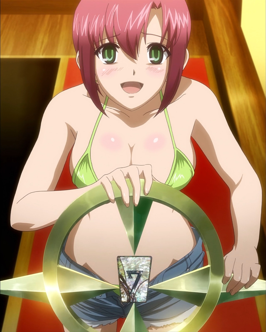 anime_screenshot bikini bikini_top_only blue_shorts female green_eyes highres pink_hair red_hair rio_-rainbow_gate!- rio_rollins short_hair shorts smile solo stitched super_blackjack swimsuit third-party_edit