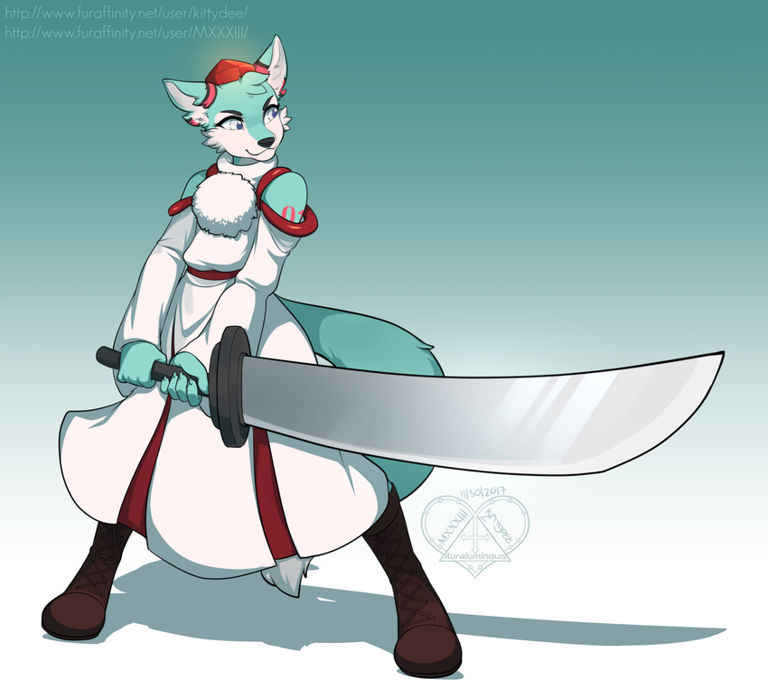 2017 5_fingers anthro armwear asian_clothing black_nose blue_body blue_fur boots bottomwear canid canine clothed clothing cosplay countershading crossdressing detached_sleeves digital_media_(artwork) east_asian_clothing femboy fingers footwear fox fur gradient_background hat headgear headwear holding_melee_weapon holding_object holding_sword holding_weapon japanese_clothing kittydee male mammal melee_weapon momiji_inubashiri pale_eyes pom_clothing roflfox simple_background skirt smile solo sword text tokin_hat touhou url weapon