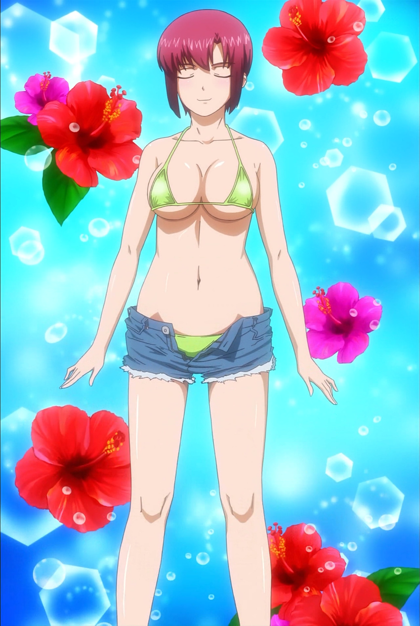 anime_screenshot bikini bikini_top_only blue_shorts breasts closed_eyes female green_bikini highres medium_breasts navel open_fly pink_hair red_hair rio_-rainbow_gate!- rio_rollins shorts smile solo stitched super_blackjack swimsuit third-party_edit unzipped