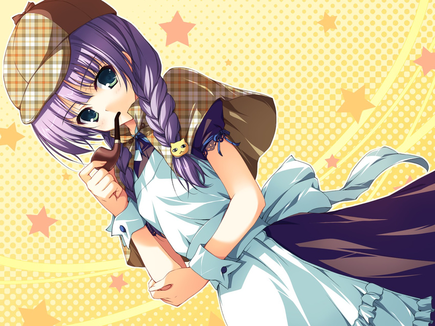 akatsuki_no_goei apron braid capelet cat_hair_ornament deerstalker detective dress dutch_angle female game_cg green_eyes hair_ornament hat highres looking_at_viewer maid_apron neck_ribbon pipe_in_mouth purple_hair ribbon smoking_pipe solo sphere_(group) star_(symbol) starry_background tomose_shunsaku tsuki_(akatsuki_no_goei) twin_braids wrist_cuffs