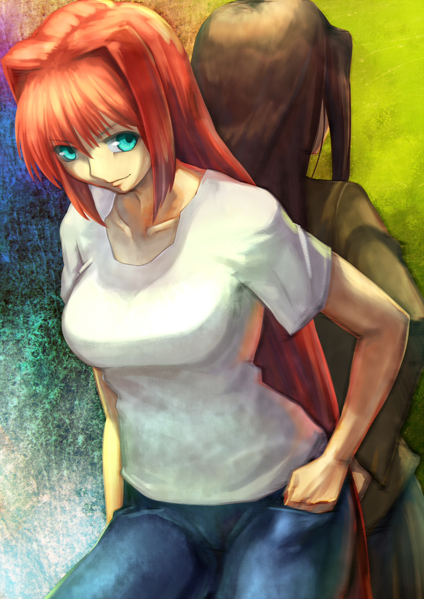 2girls aozaki_aoko aqua_eyes back-to-back breasts brown_hair commentary_request denim dual_persona hair_intakes hand_in_pocket highres jeans large_breasts long_hair mahou_tsukai_no_yoru multiple_girls pants red_hair school_uniform shirt t-shirt tg01 time_paradox tsukihime very_long_hair