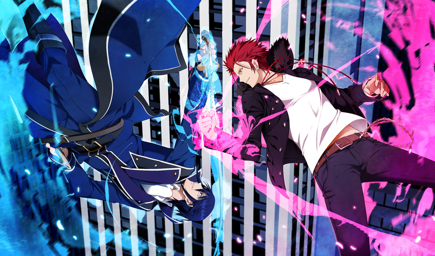 2boys blue_fire blue_hair commentary_request fire glasses k-project long_coat multiple_boys munakata_reishi pink_fire red_eyes red_hair suoh_mikoto sword weapon yun_(neo)