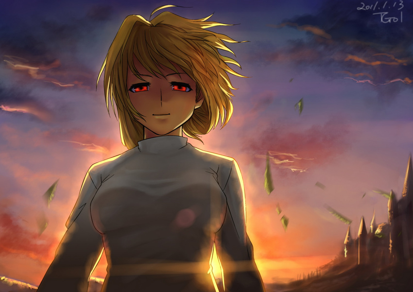 2011 arcueid_brunestud backlighting blonde_hair castle cloud commentary_request female light_smile red_eyes short_hair signature sky smile solo sunset sweater tg01 tsukihime turtleneck upper_body wind