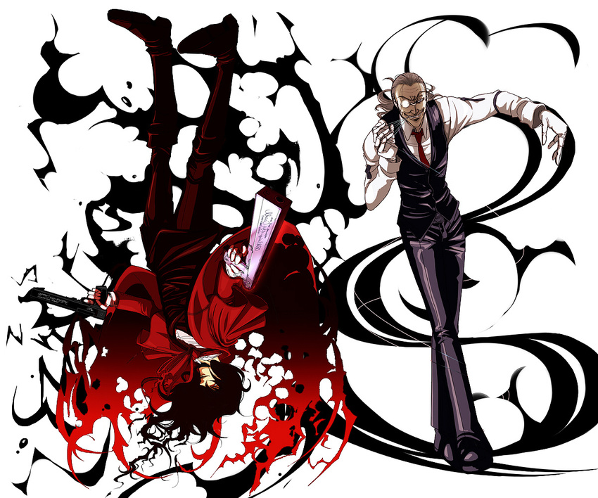 alucard_(hellsing) bad_id bad_pixiv_id banned_artist black_hair butler gloves gun hellsing hill_(artist) monocle multiple_boys trench_coat walter_c_dornez weapon white_gloves wire