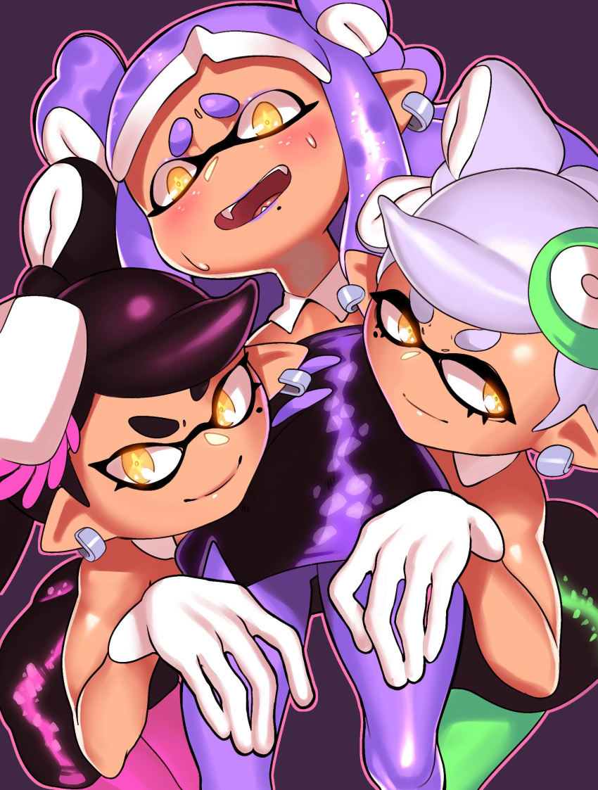 1boy 2girls blush blushing_at_viewer callie_(splatoon) combos-n-doodles crossdressing embarrassed femboy inkling inkling_boy marie_(splatoon) purple_lips purple_lipstick sissy smooth_skin smug splatoon squid_sisters submissive trap yellow_eyes