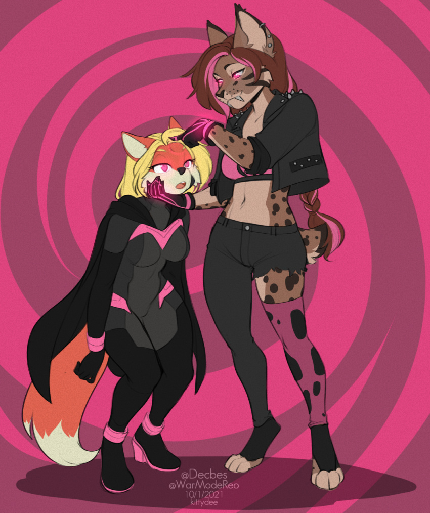 2021 ailurid anthro breasts brown_hair clothed clothing countershading digital_media_(artwork) duo ear_piercing ear_ring felid feline female hair hi_res hypnosis kittydee lynx mammal midriff mind_control navel piercing red_panda ring_piercing smile standing victory_vixen zaide_(ashkelling)