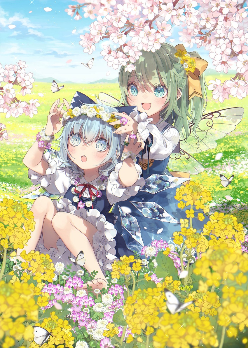 2girls :d :o alternate_wings arms_up bare_legs barefoot bloomers blue_bow blue_dress blue_eyes blue_hair blue_ribbon blurry blurry_foreground blush bow bug butterfly butterfly_wings cherry_blossoms cirno clover clover_(flower) commentary daiyousei day dress dress_shirt field flower flower_field flower_necklace flower_wreath four-leaf_clover frilled_sleeves frills green_hair hair_flower hair_ornament hairbow half_updo hands_on_another's_head hands_up head_wreath highres ice ice_wings insect_wings jewelry knees_together_feet_apart light_blue_hair long_sleeves medium_hair mountainous_horizon multiple_girls neck_ribbon necklace necktie open_mouth outdoors pink_flower puffy_short_sleeves puffy_sleeves purple_flower putting_on_headwear raised_eyebrows rapeseed_blossoms red_ribbon ribbon shirt short_hair short_sleeves side_ponytail sitting sky smile sparkle surprised swept_bangs symbol-only_commentary touhou toutenkou transparent_wings underwear white_butterfly white_flower white_shirt wide-eyed wing_collar wings wreath wrist_cuffs yellow_bow yellow_flower yellow_necktie