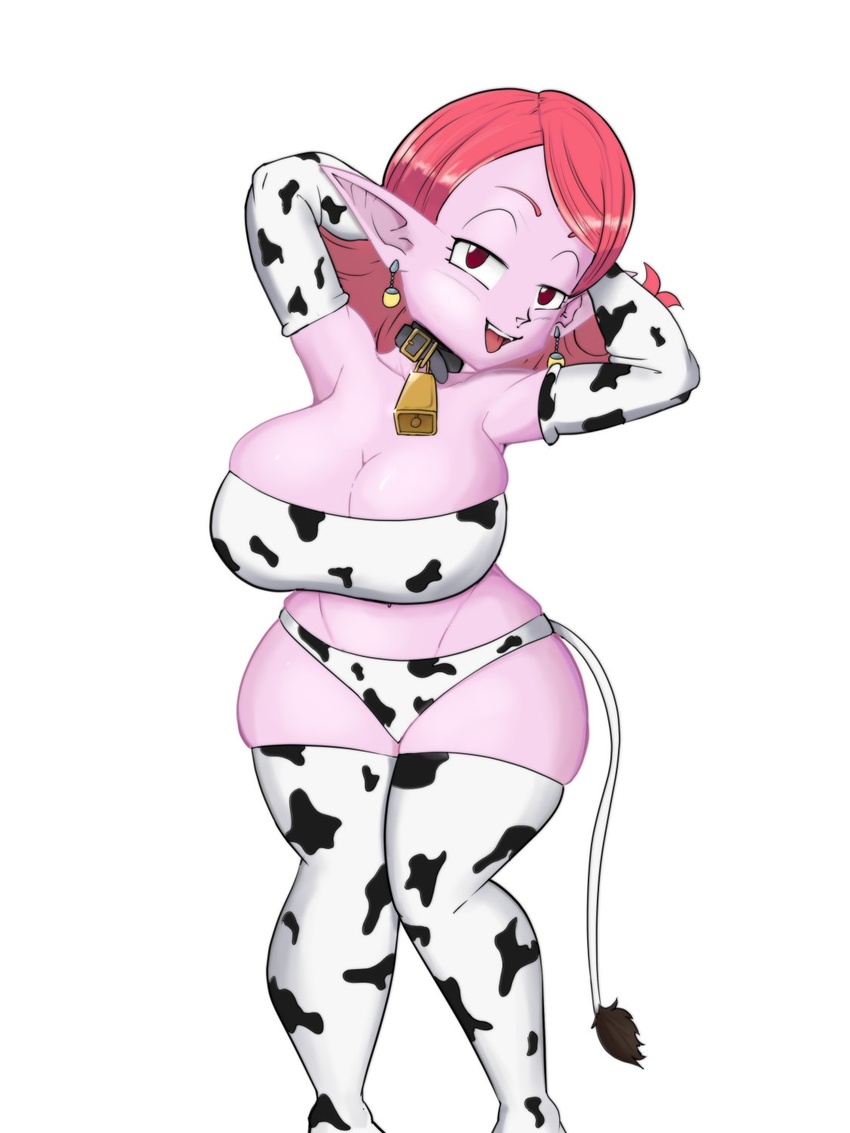 3:4 animal_print big_breasts breasts chronoa clothed clothing cow_print dragon_ball dragon_ball_xenoverse female hi_res humanoid kaioshin kappa_spark not_furry pink_body short_stack simple_background solo supreme_kai_of_time white_background