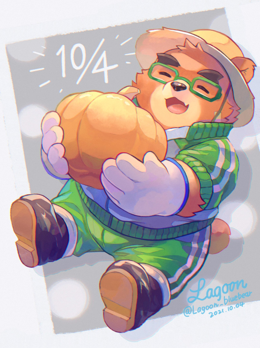 1boy animal_ears artist_name bad_id bad_twitter_id bandaid bandaid_on_face bara bear_boy bear_ears bear_tail boots chibi closed_eyes dated fang_out food full_body furry furry_male glasses gloves green-framed_eyewear green_jacket green_pants grey_background hat highres holding holding_food holding_pumpkin holding_vegetable jacket male_focus oerba_yun_fang open_mouth pants pumpkin ragun_(lagoon_bluebear) signature skin_fang smile solo straw_hat tail thick_eyebrows tokyo_afterschool_summoners twitter_username vegetable volos_(housamo) white_gloves