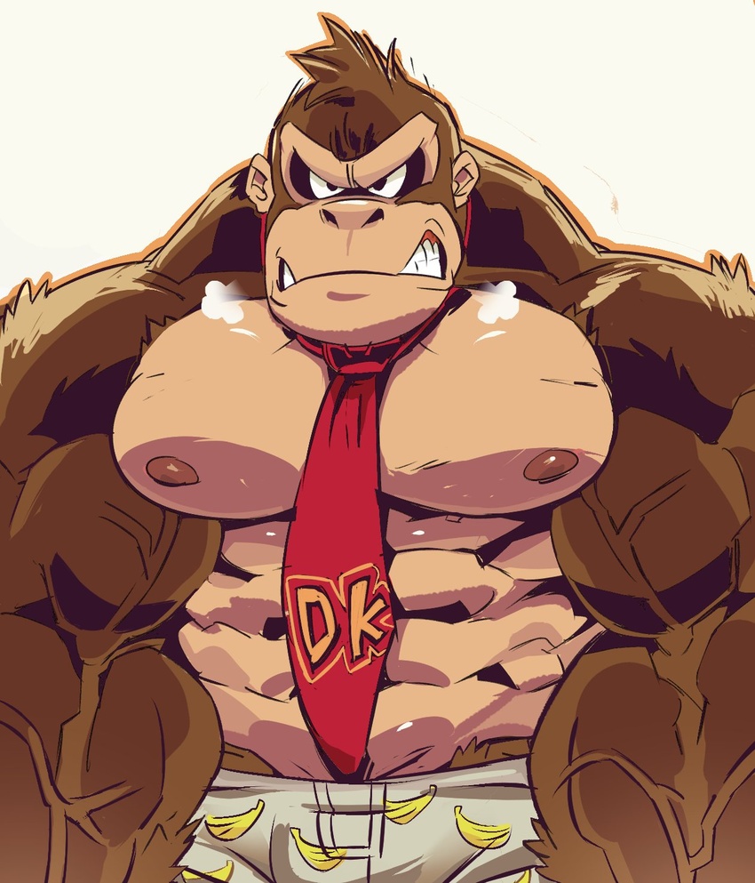 abs angry anthro ape breath brown_body brown_fur clenched_teeth clothed clothing donkey_kong_(character) donkey_kong_(series) fur haplorhine hi_res male mammal muscular muscular_anthro muscular_male necktie nintendo nipples pecs primate simple_background solo teeth text_on_necktie thymilph topless vein