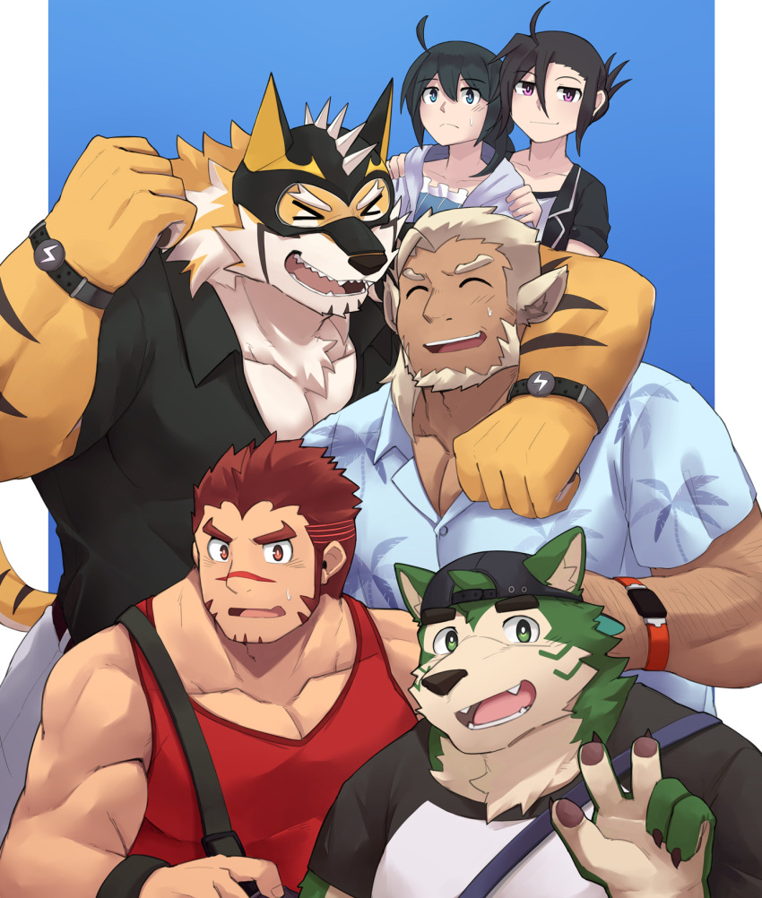 akashi_(live_a_hero) aloha_shirt anthro arm_around_shoulders backwards_baseball_cap backwards_hat baseball_cap black_hair blonde_hair canid canine canis clothing crowne_(live_a_hero) domestic_dog felid female fur green_body green_fur group hair hat headgear headwear hi_res huckle human humanoid kenjilokung lifewonders live_a_hero male mammal mask mokdai pantherine pattern_clothing pattern_shirt pattern_topwear red_hair ryekie_(live_a_hero) scar shirt sui_(live_a_hero) superhero tank_top tiger topwear