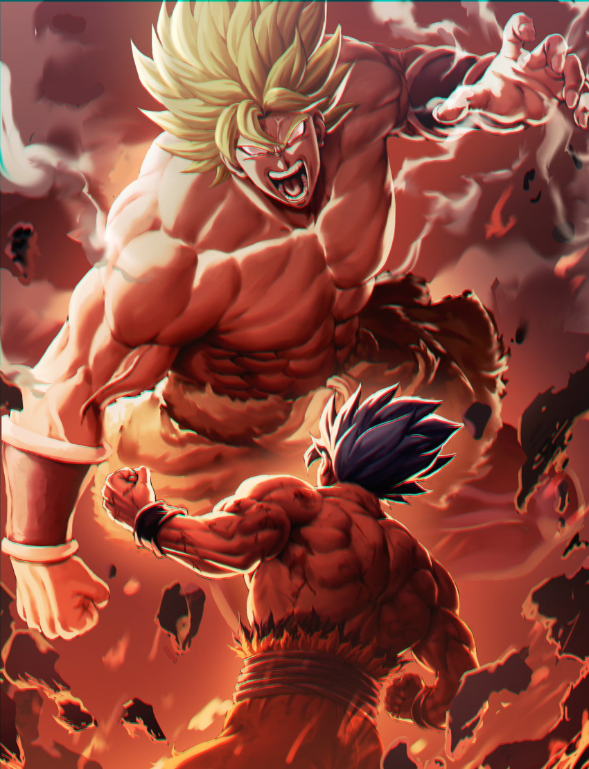 2boys abs blonde_hair bracer broly_(dragon_ball_super) clenched_hand clenched_hands dragon_ball dragon_ball_super dragon_ball_super_broly from_below highres legendary_super_saiyan male_focus multiple_boys muscular muscular_male open_mouth pants sash son_goku soy_chicken spiked_hair super_saiyan teeth tongue topless_male wristband