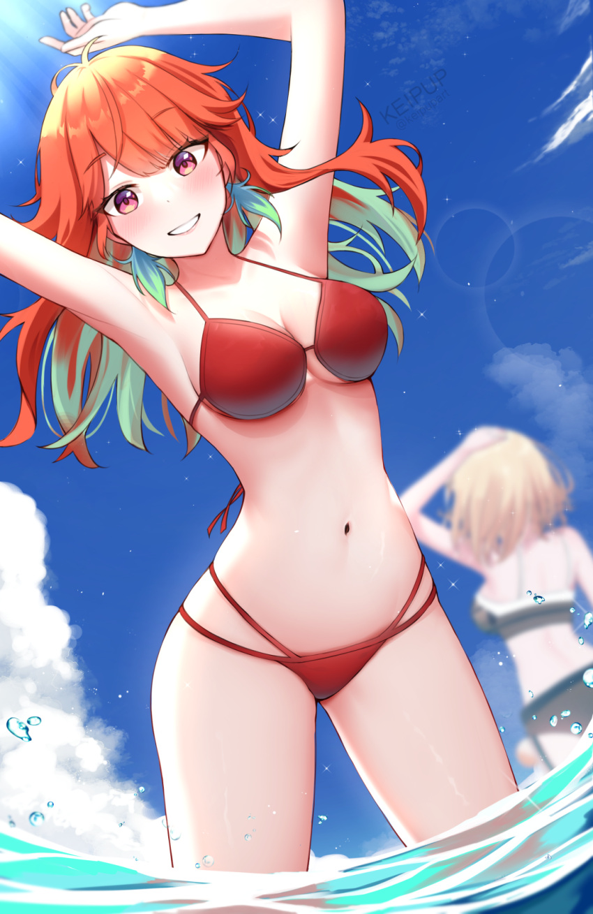 2girls arms_up bikini blue_sky breasts cloud commentary day dot_nose feathers gradient_hair grin highres hololive hololive_english keipup long_hair medium_breasts multicolored_hair multiple_girls navel orange_hair outdoors purple_eyes red_bikini skindentation sky smile solo_focus stomach streaked_hair swimsuit takanashi_kiara teeth virtual_youtuber wading water watson_amelia