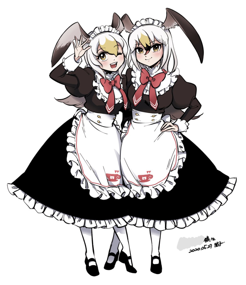 2girls :d alternate_costume apron bird_girl bird_wings black-tailed_gull_(kemono_friends) black_dress black_footwear blonde_hair bow bowtie brown_eyes brown_hair collar commentary_request common_gull_(kemono_friends) dress enmaided food frilled_apron frilled_collar frilled_dress frills full_body grey_hair hand_on_own_hip head_wings highres kemono_friends kemono_friends_3 long_hair long_sleeves maid maid_apron maid_headdress mary_janes multicolored_hair multiple_girls one_eye_closed open_mouth pantyhose puffy_sleeves red_bow red_bowtie shirt shoes smile white_collar white_legwear white_shirt wings yellow_eyes yokuko_zaza