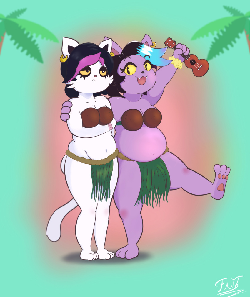 accessory anthro belly big_belly big_breasts black_hair breasts catti_(deltarune) catty_(undertale) clothed clothing coconut_bra deltarune domestic_cat duo ear_piercing fantharubi feet felid feline felis female fur grass_skirt hair hawaiian hi_res lute mammal musical_instrument open_mouth overweight overweight_female palm_tree piercing plant plucked_string_instrument purple_body purple_fur sibling_(lore) sister_(lore) sisters_(lore) smile string_instrument thick_thighs toes tree ukulele undertale undertale_(series) white_body white_fur