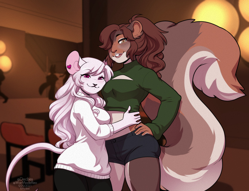 2021 5_fingers anthro breasts brown_hair clothed clothing digital_media_(artwork) duo eyebrows eyelashes female fingers hair jenny_(ashkelling) kittydee lily_(lilysqueak) mammal mouse murid murine rodent sciurid smile tree_squirrel