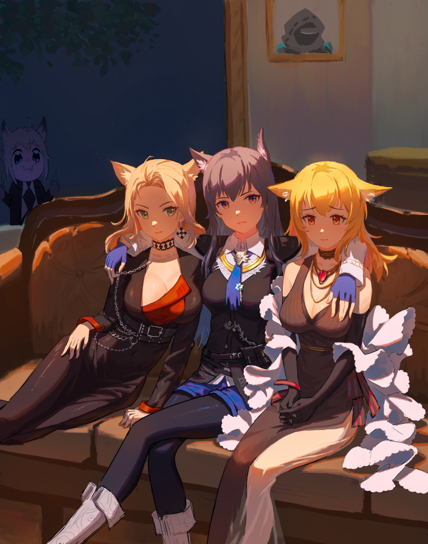 4girls arknights arm_around_neck bare_shoulders bkub_(style) black_dress black_gloves black_hair black_pantyhose black_vest blonde_hair blue_eyes blue_gloves blue_shorts boots breasts cleavage closed_mouth collared_shirt commentary_request couch covered_navel dhsl doctor_(arknights) dress elbow_gloves fingerless_gloves forehead giovanna_rossati_(arknights) gloves green_eyes grey_hair highres indoors jealous lappland_(arknights) lappland_(refined_horrormare)_(arknights) long_hair long_sleeves medium_breasts multiple_girls on_couch pantyhose pantyhose_under_shorts poptepipic red_eyes see-through shirt short_shorts shorts smile sora_(arknights) sora_(melodiosa)_(arknights) texas_(arknights) texas_the_omertosa_(arknights) very_long_hair vest white_footwear white_shirt window