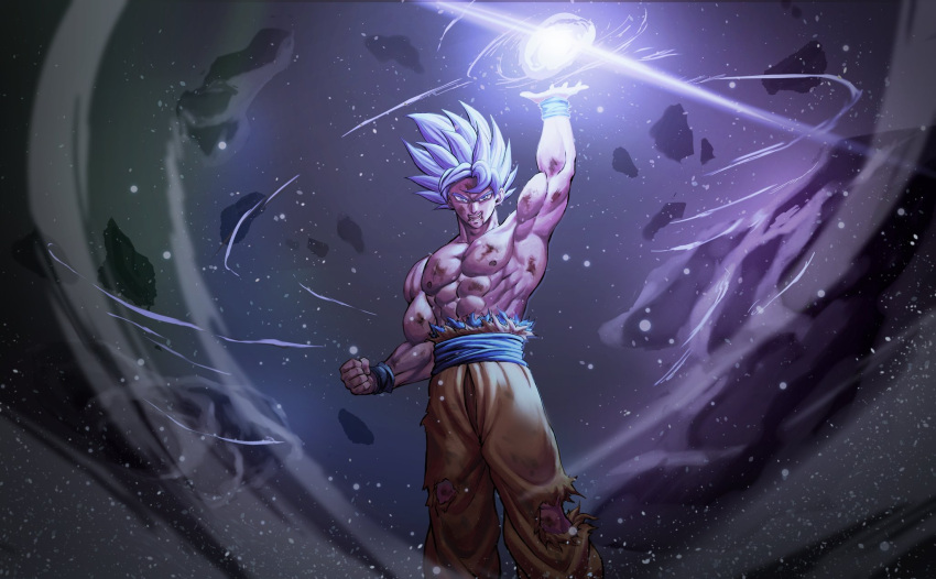 1boy abs arm_up clenched_hand commentary dragon_ball dragon_ball_super energy_ball floating_hair highres male_focus muscular muscular_male open_mouth orange_pants pants rock sash scrape solo son_goku soy_chicken spiked_hair teeth topless_male torn_clothes torn_pants ultra_instinct white_hair wristband