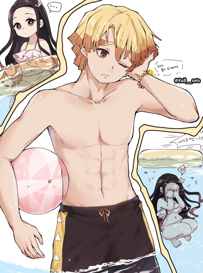 ... 1boy agatsuma_zenitsu ball beachball bikini black_hair blonde_hair female highres innertube kamado_nezuko kimetsu_no_yaiba korean_text long_hair male_focus male_swimwear midriff multicolored_hair muscular muscular_male navel one_eye_closed pink_eyes pori_(kmt_pori) ribbon short_hair swim_ring swim_trunks swimsuit third-party_source toned toned_male topless_male twitter_username two-tone_hair underwater