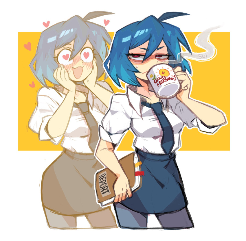 ahoge black_pantyhose blue_hair blue_neckwear blue_skirt blush borrowed_character closed_mouth coffee_mug cup drinking female heart heart-shaped_pupils highres holding holding_cup looking_at_viewer mug multiple_views office_lady open_mouth original pantyhose pencil_skirt pink_eyes shirt short_hair skirt skye_(hcnone) sleeves_rolled_up sui_(suizilla) symbol-shaped_pupils white_shirt