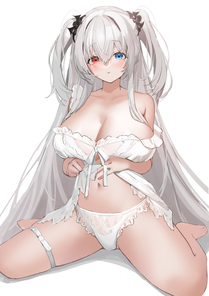 absurdres azur_lane babydoll bare_shoulders barefoot bat_hair_ornament blue_eyes blush breasts cleavage clothes_lift collarbone commentary elbing_(azur_lane) elbing_(sleepless_night's_wishes)_(azur_lane) feet female frills hair_between_eyes hair_ornament heterochromia highres large_breasts lifting_own_clothes lingerie long_hair looking_at_viewer marumai navel nightgown official_alternate_costume panties parted_lips red_eyes ribbon sidelocks simple_background sitting solo stomach strap_slip thigh_strap two_side_up underwear very_long_hair wariza white_babydoll white_background white_hair white_panties white_ribbon