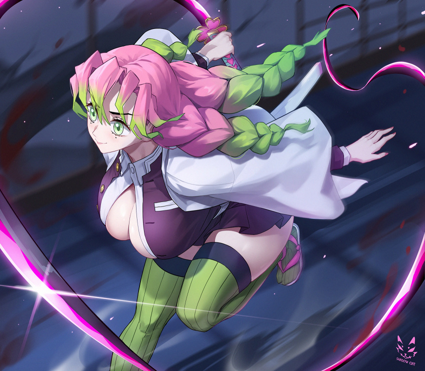 braid breasts cleavage closed_mouth demon_slayer_uniform extra_eyes female gradient_hair green_eyes green_hair green_thighhighs highres holding holding_sword holding_weapon kanroji_mitsuri kimetsu_no_yaiba large_breasts mole mole_under_each_eye mole_under_eye motion_blur multicolored_hair multiple_braids multiple_moles pink_hair running sandals shadow_cat_(yingmiao) smile solo sword thighhighs thighs weapon whip_sword zouri