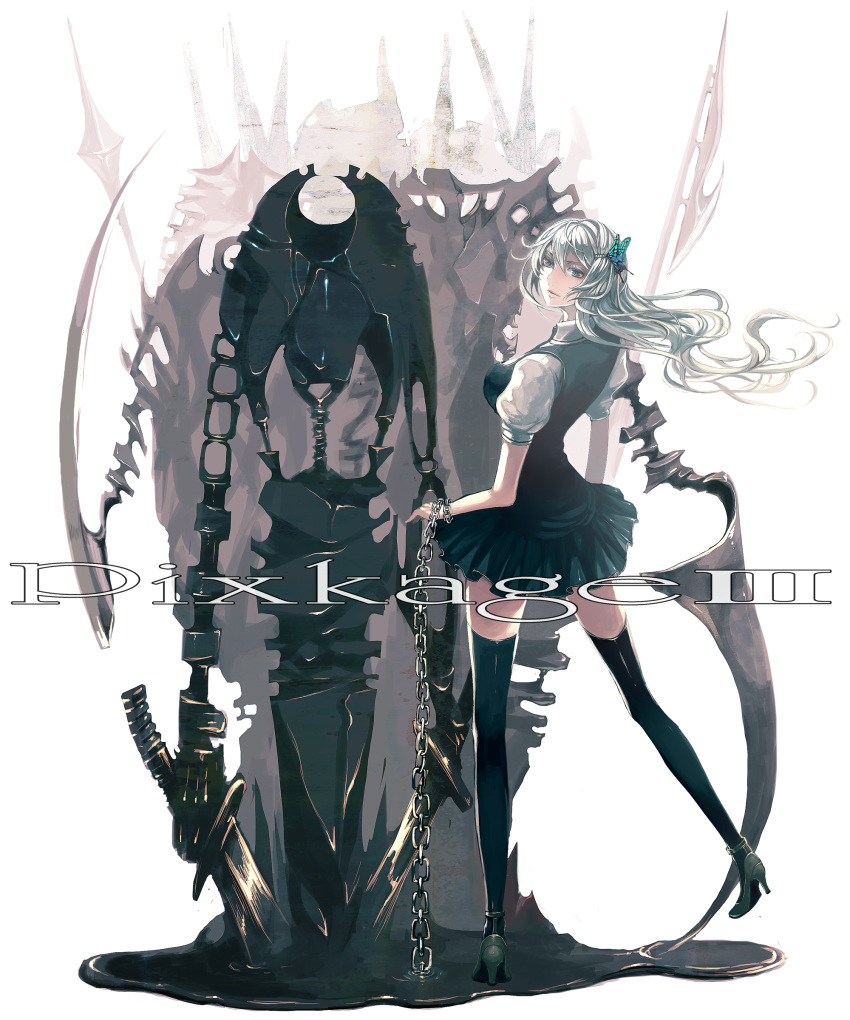 absurdres black_thighhighs bug butterfly chains commentary_request female from_behind grey_eyes hair_ornament high_heels highres long_hair looking_back nicole_pmonachi pixiv_shadow shoes skirt solo sword thighhighs weapon white_hair zettai_ryouiki