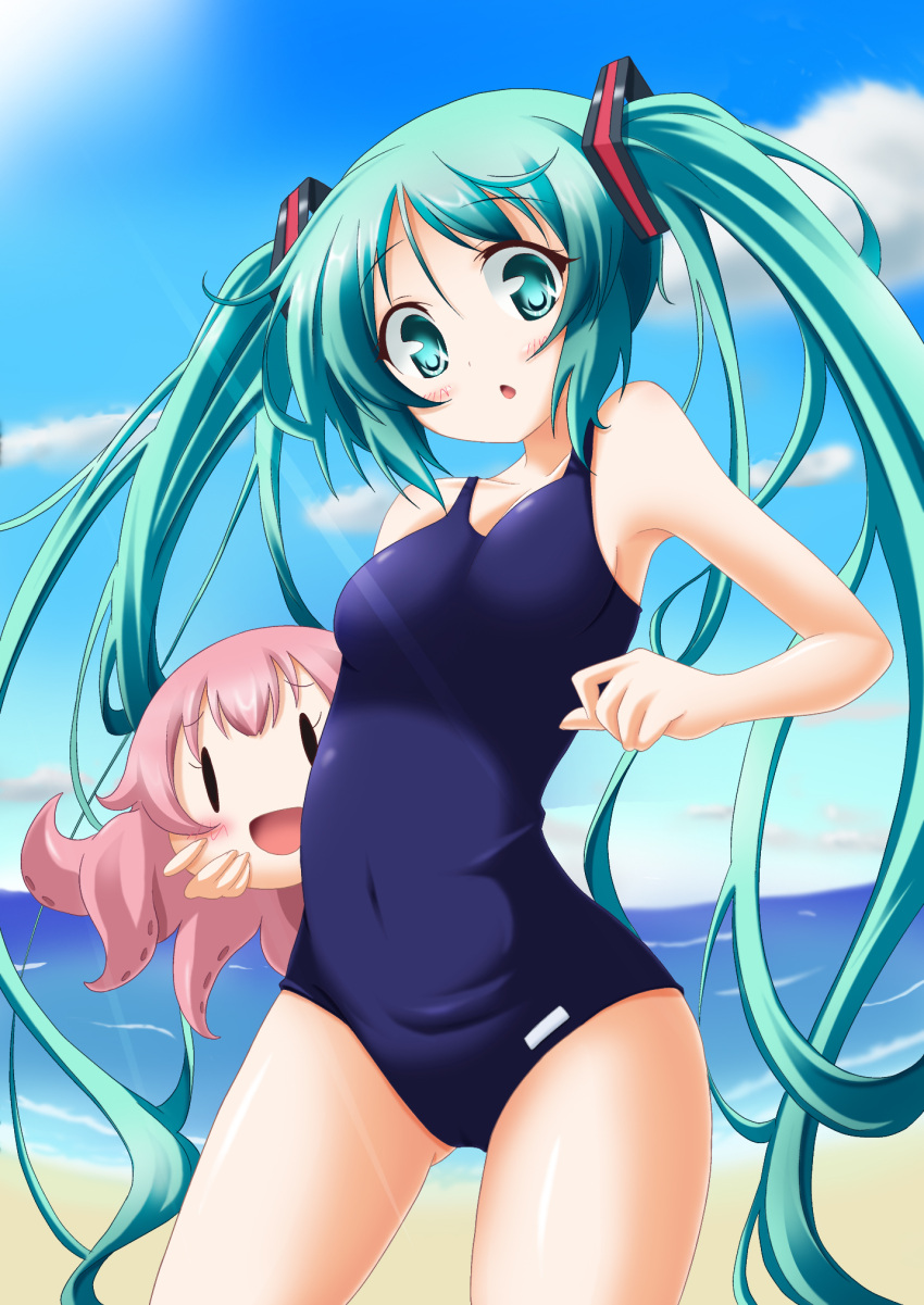 0_0 beach cloud colorized commentary_request day dekosuke female green_eyes green_hair hatsune_miku highres long_hair megurine_luka ocean one-piece_swimsuit outdoors partial_commentary photoshop_(medium) school_swimsuit sky swimsuit takoluka twintails vocaloid wata_(akawata)