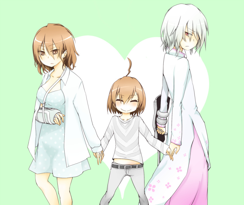 1boy 2girls accelerator_(toaru_majutsu_no_index) accelerator_(toaru_majutsu_no_index)_(cosplay) age_difference ahoge albino breasts brown_eyes brown_hair cast commentary_request cosplay costume_switch crutch diagonal-striped_shirt diagonal_stripes dress height_difference holding_hands i.u.y last_order_(toaru_majutsu_no_index) last_order_(toaru_majutsu_no_index)_(cosplay) lolicon medium_breasts medium_hair misaka_worst misaka_worst_(cosplay) multiple_girls polka_dot polka_dot_dress red_eyes shirt short_hair siblings side_slit sisters smile striped_clothes striped_shirt toaru_majutsu_no_index toaru_majutsu_no_index:_new_testament vietnamese_dress white_hair