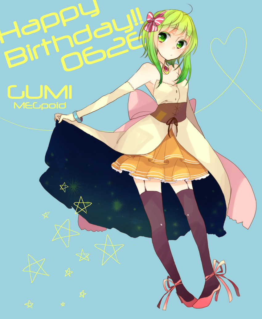 ahoge bow commentary_request elbow_gloves female garter_straps gloves green_eyes green_hair gumi hairbow high_heels highres kawahara_chisato shoes short_hair solo thighhighs vocaloid zettai_ryouiki