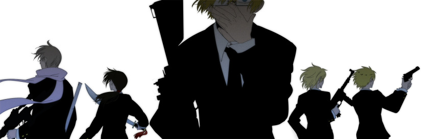 5boys adjusting_eyewear america_(hetalia) assault_rifle axis_powers_hetalia bad_id bad_pixiv_id blonde_hair blue_eyes brown_hair china_(hetalia) covering_own_mouth dao formal france_(hetalia) from_behind glasses gun hand_on_own_face handgun hands highres lead_pipe male_focus miyamayomema multiple_boys muted_color necktie ponytail rifle russia_(hetalia) scarf simple_background suit sword united_kingdom_(hetalia) weapon wind