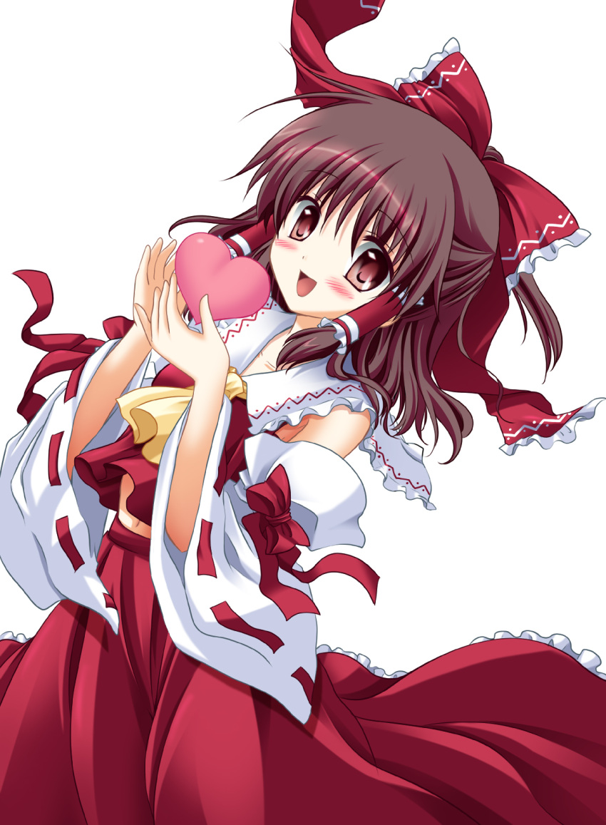 blush bow colorized commentary_request female hairbow hakurei_reimu heart highres partial_commentary photoshop_(medium) red_bow solo touhou wata_(akawata)