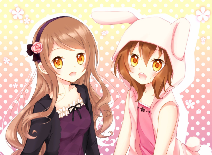 1boy :d akane_(goma) akira_(goma) animal_costume bad_id bad_pixiv_id brother_and_sister brown_hair casual collarbone female flower goma_(11zihisin) gradient_background hairband hood hoodie long_hair open_mouth original otoko_no_ko photoshop_(medium) polka_dot polka_dot_background rabbit_costume ribbon short_hair siblings smile twins yellow_eyes