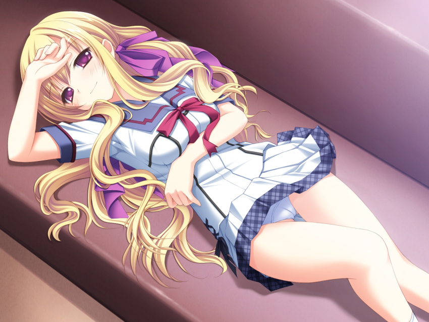 blonde_hair cleavage game_cg konomi long_hair pantsu purple_eyes school_uniform smile solo takachihou_kyouko