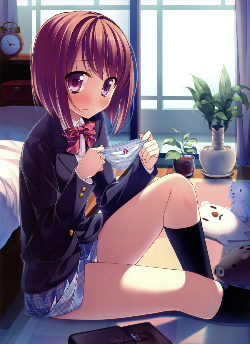 3: absurdres alarm_clock bag bed black_legwear blazer blush bow bow_panties brown_hair clock dengeki_moeoh dengeki_moeou female highres holding holding_panties indoors kneehighs looking_at_viewer original panties panties_removed plaid plaid_skirt pleated_skirt purple_eyes school_bag school_uniform short_hair sitting skirt solo striped striped_panties stuffed_animal stuffed_toy tartan underwear yamakaze_ran